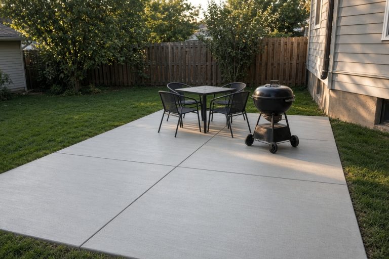 Finished backyard patio with a grill and chairs — Concrete Patios in Michigan City