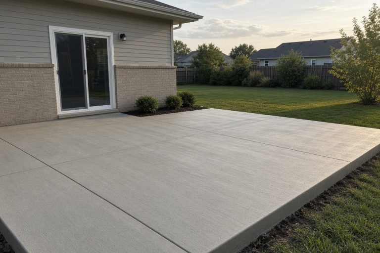 Dry finished patio sloping away from a house in a flat backyard — Concrete Patios in South Holland