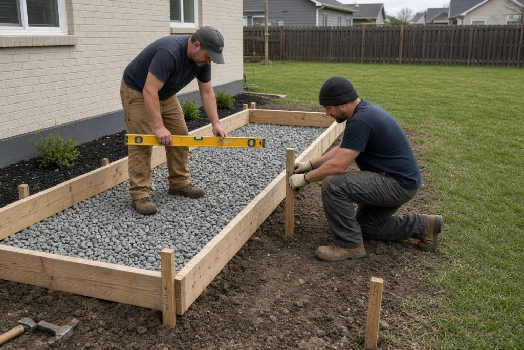Crew checking patio form slope with a level in a flat yard — Concrete Patios in South Holland