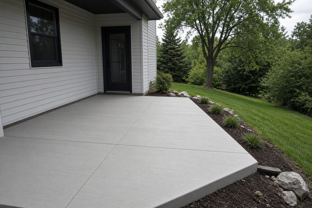 Finished patio at a house wall with a visible fall toward the yard — Concrete Patios in Valparaiso