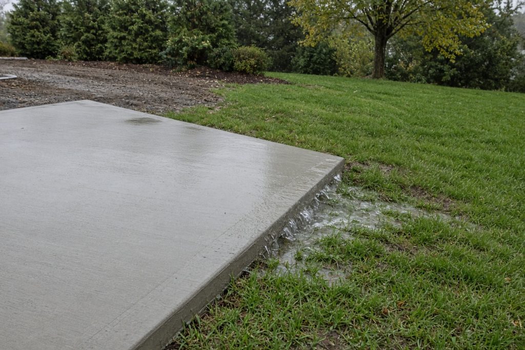 Patio slab on a graded yard with rainwater running toward the lawn — Concrete Patios in Valparaiso