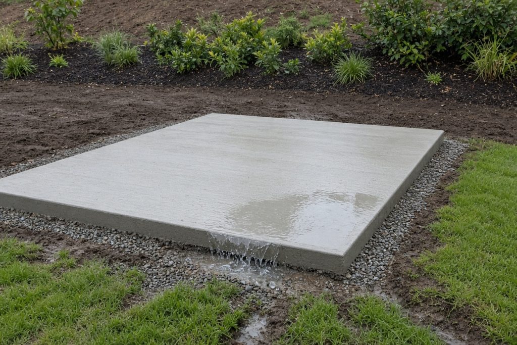Patio slab on a graded yard with rainwater running toward the lawn — Concrete Patios in Valparaiso