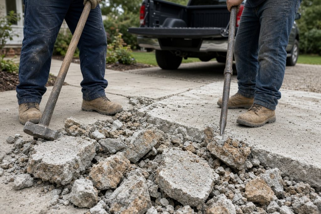 Crew breaking an unused walk into pieces for the truck — Concrete Removal in Chesterton