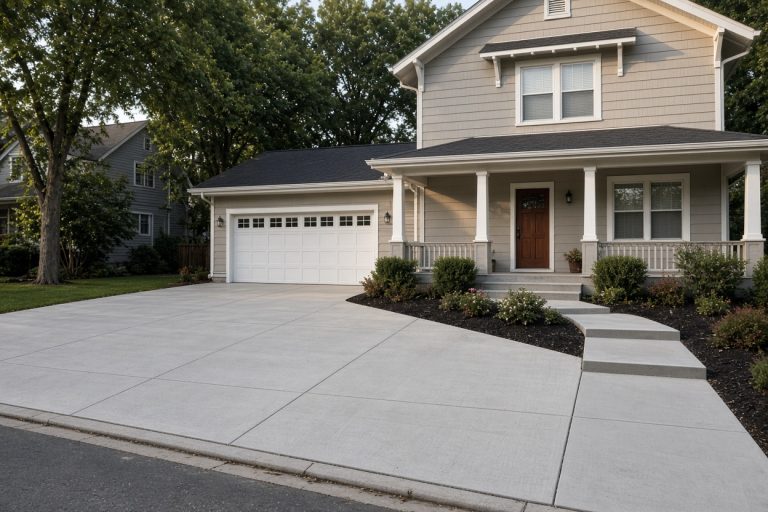 New concrete driveway and front walk beside an older house — Concrete Removal Companies in Crown Point