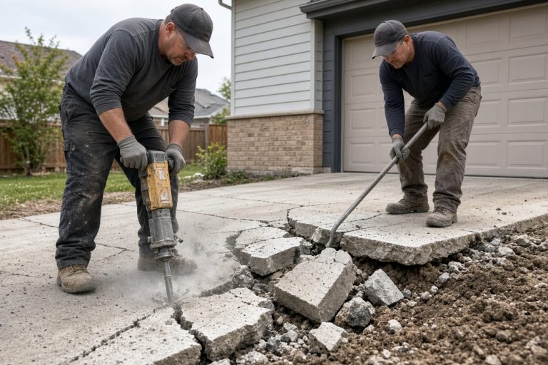 Crew breaking out a cracked driveway slab with a jackhammer — Concrete Removal Companies in Crown Point