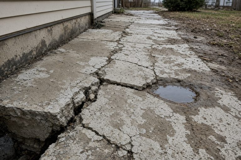 Cracked scaled driveway with a heaved joint by a garage - Concrete Removal Companies in Griffith