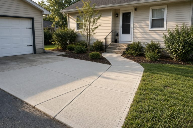 New broom-finished driveway and front walk at a house - Concrete Removal Companies in Griffith