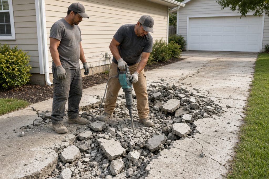 Crew breaking out an old driveway with a jackhammer - Concrete Removal Companies in Griffith