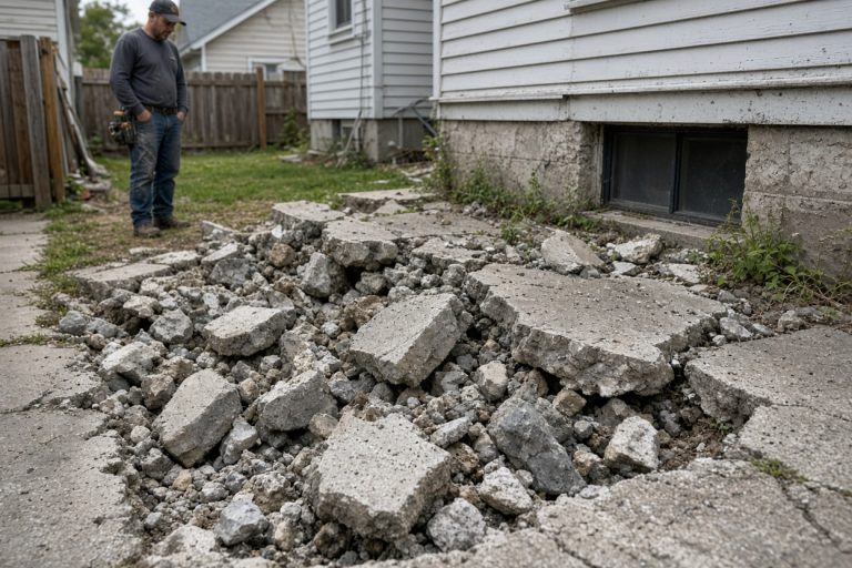 Cracked failed walk broken into chunks on a small older lot — Concrete Removal Companies in Hobart
