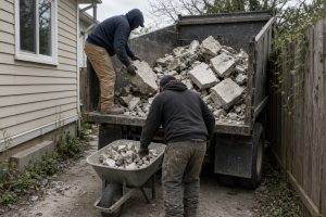 Crew loading broken concrete into a truck on a narrow drive — Concrete Removal Companies in Hobart