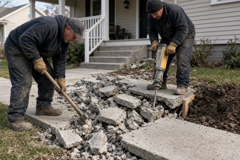 Crew breaking a failed sidewalk into pieces — Concrete Removal Companies in La Porte