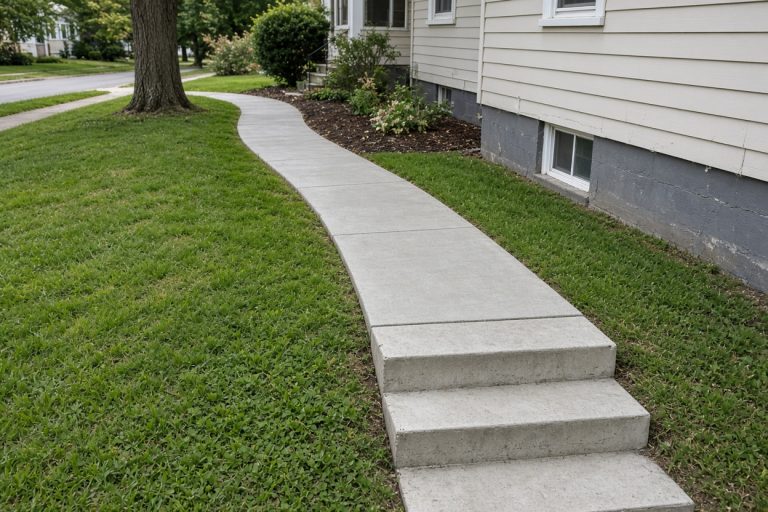 Finished concrete walk beside an older house — Concrete Removal Companies in La Porte