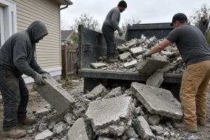 Crew loading broken driveway slabs into a truck — Concrete Removal Companies in Lake Station