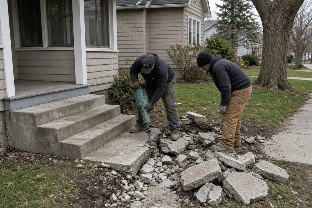 Crew breaking out a shifted concrete walk beside a front stoop — Concrete Removal Companies in Lowell
