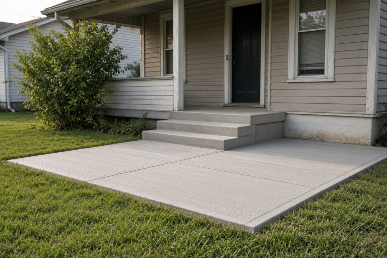 New broom-finish walk and stoop at an older Lowell house — Concrete Removal Companies in Lowell