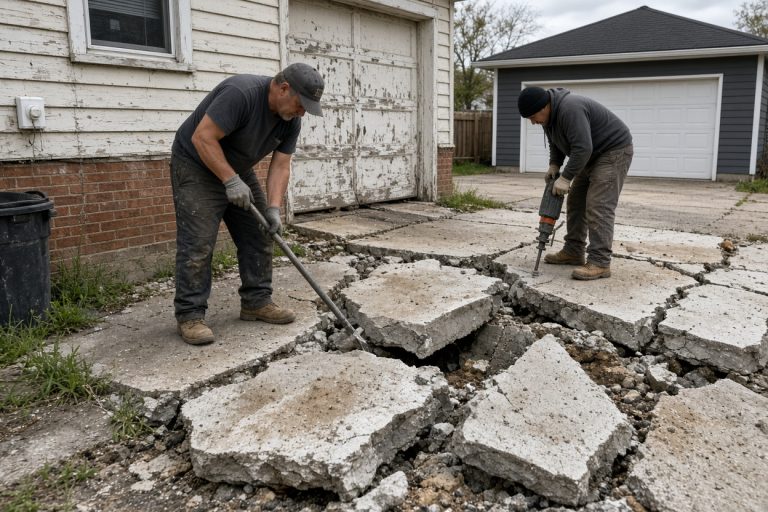 Crew breaking a heaved driveway apron into pieces for haul-off — Concrete Removal Companies in Michigan City
