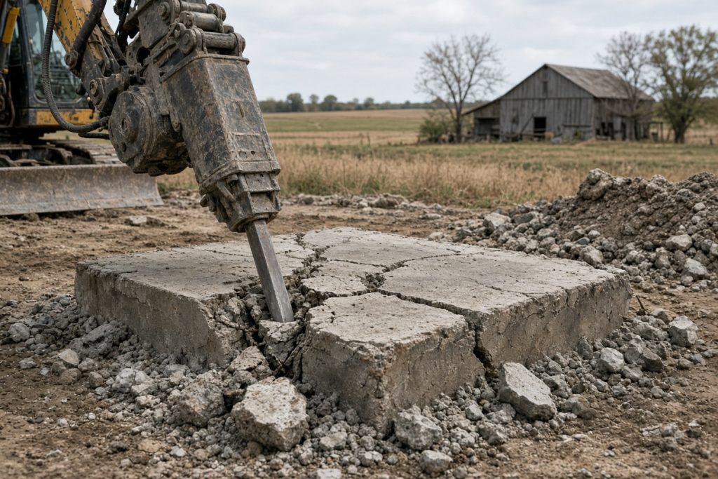 Breaker working through an old equipment pad on a farm lot — Concrete Removal in Hebron