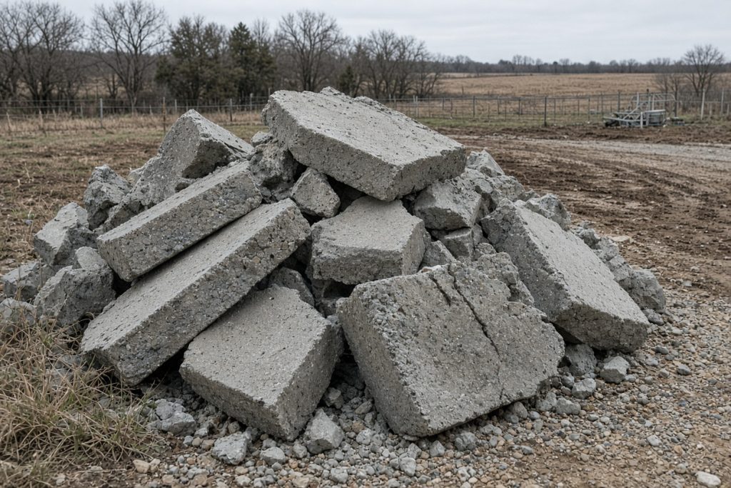 Broken farm pad chunks stacked near a rural lot — Concrete Removal in Hebron