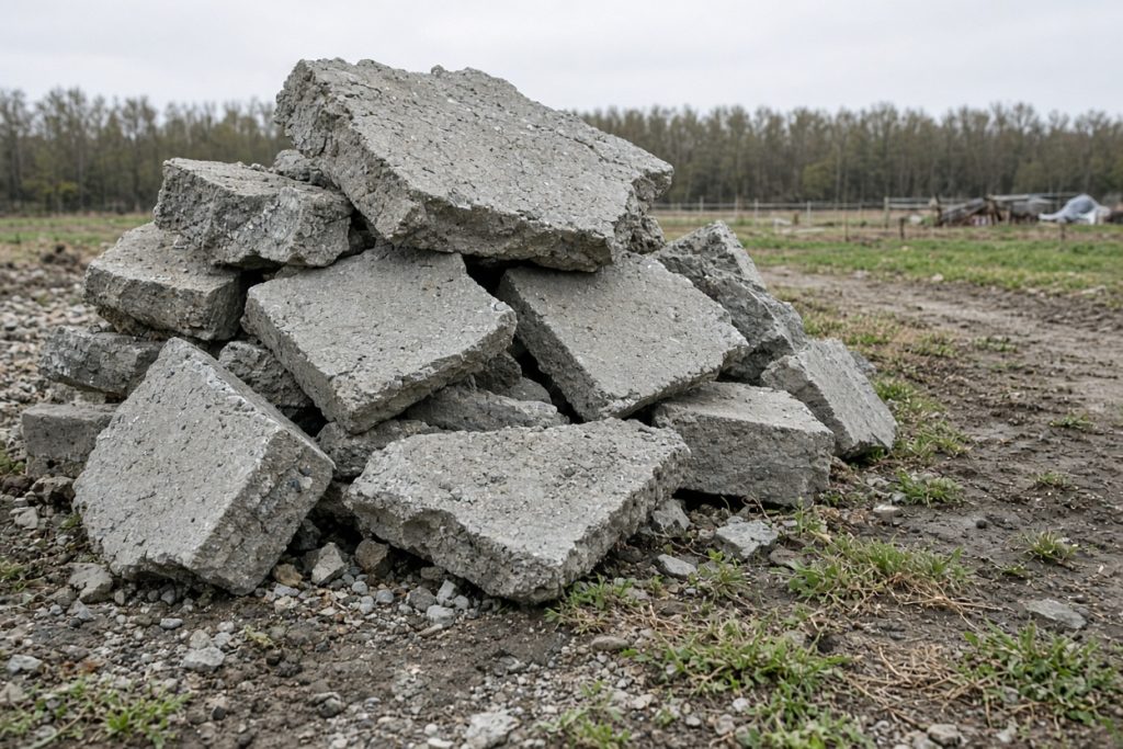 Broken farm pad chunks stacked near a rural lot — Concrete Removal in Hebron
