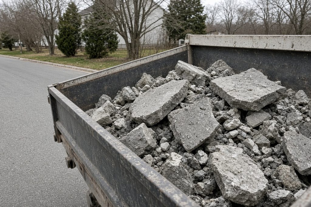 Broken concrete pieces loaded in a truck bed at the street — Concrete Removal in Kouts