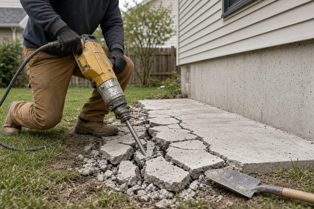 Worker jackhammering a failed sidewalk slab beside a house — Concrete Removal in Kouts