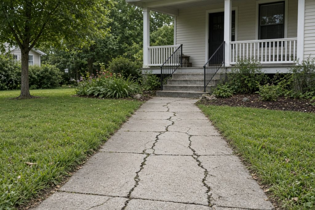 Cracked residential sidewalk running toward a porch on a small lot — Concrete Removal in Kouts