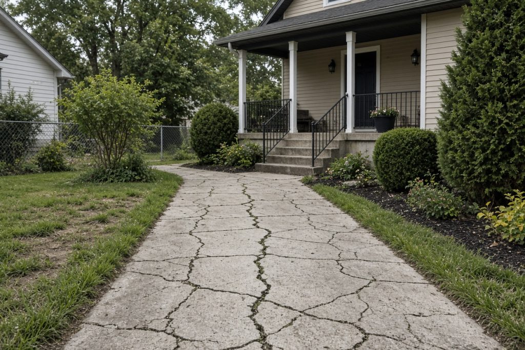 Cracked residential sidewalk running toward a porch on a small lot — Concrete Removal in Kouts