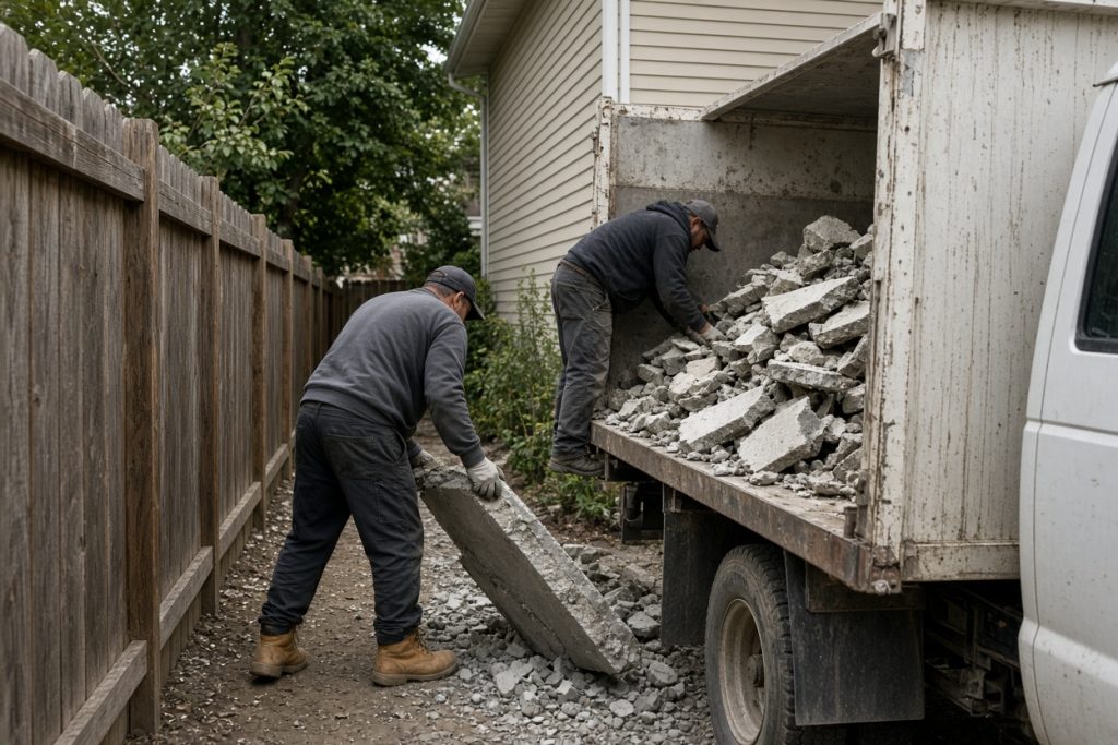 Workers loading broken slabs into a dump truck from a narrow side yard — Concrete Removal in Ogden Dunes