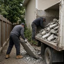Workers loading broken slabs into a dump truck from a narrow side yard — Concrete Removal in Ogden Dunes