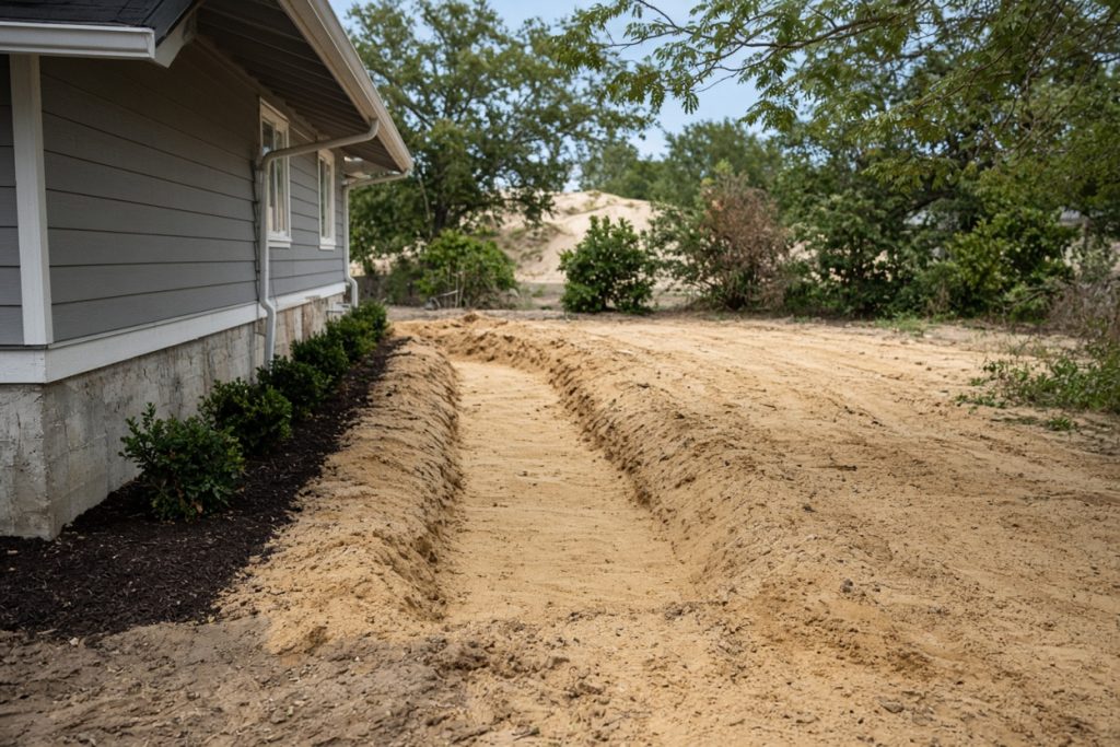 Bare sandy grade where a walk was taken out next to a house — Concrete Removal in Ogden Dunes