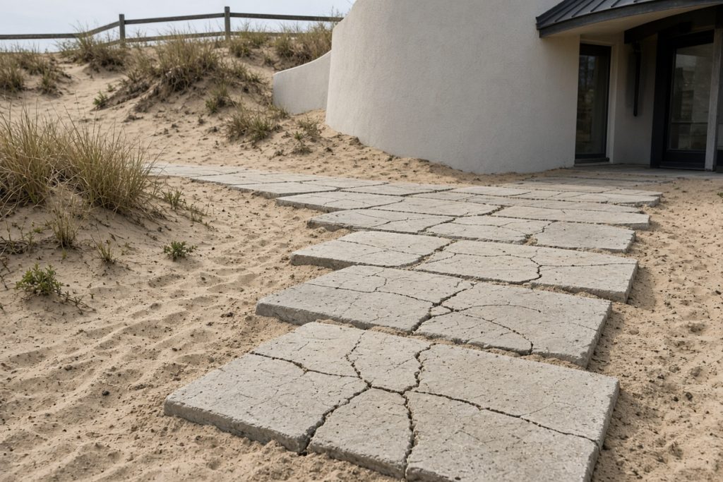 Cracked walk slabs resting on sand beside a compact dune house — Concrete Removal in Ogden Dunes