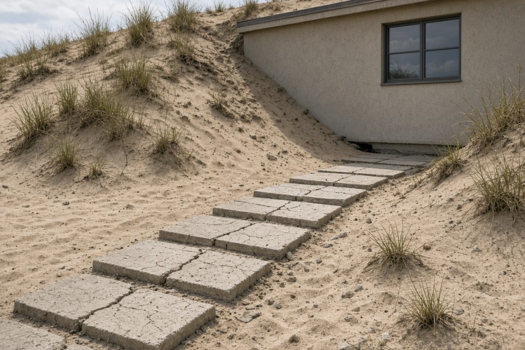 Cracked walk slabs resting on sand beside a compact dune house — Concrete Removal in Ogden Dunes