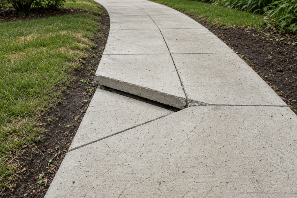 Heaved sidewalk slab lifted at a control joint in a yard — Concrete Removal in Portage