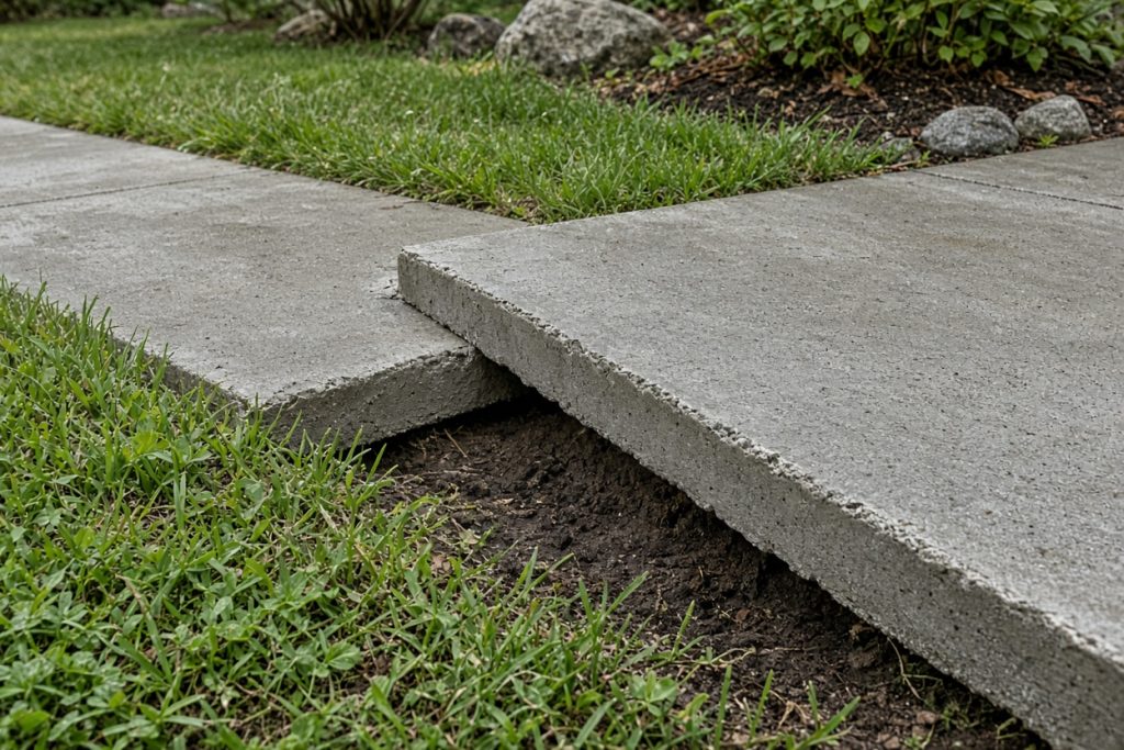 Heaved sidewalk slab lifted at a control joint in a yard — Concrete Removal in Portage