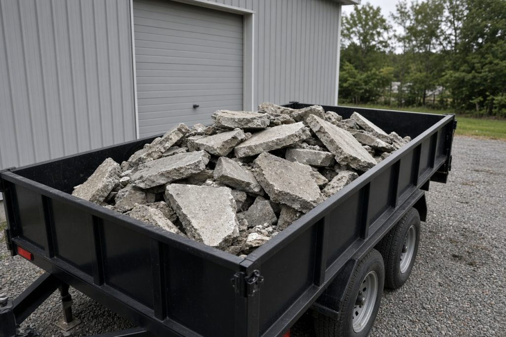 Dump trailer filled with broken slab pieces beside a garage — Concrete Removal in Portage