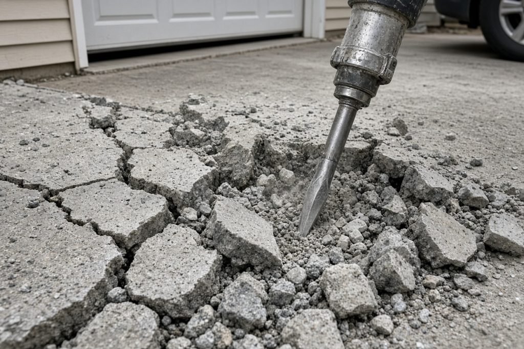 Jackhammer breaking a cracked garage apron into chunks — Concrete Removal in Portage