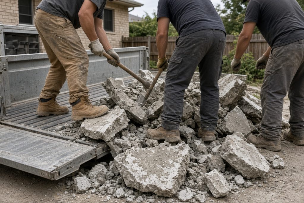 Crew breaking and loading an old concrete patio onto a truck — Concrete Removal in Porter