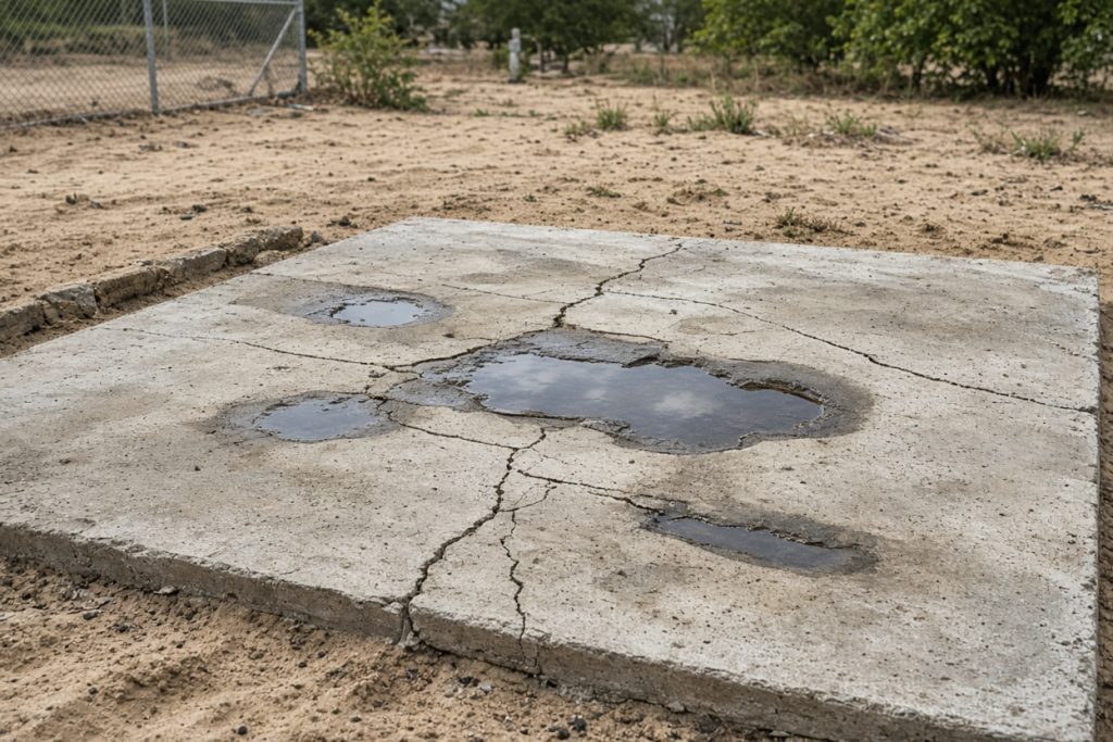 Cracked patio slab holding puddles on a sandy backyard lot — Concrete Removal in Porter
