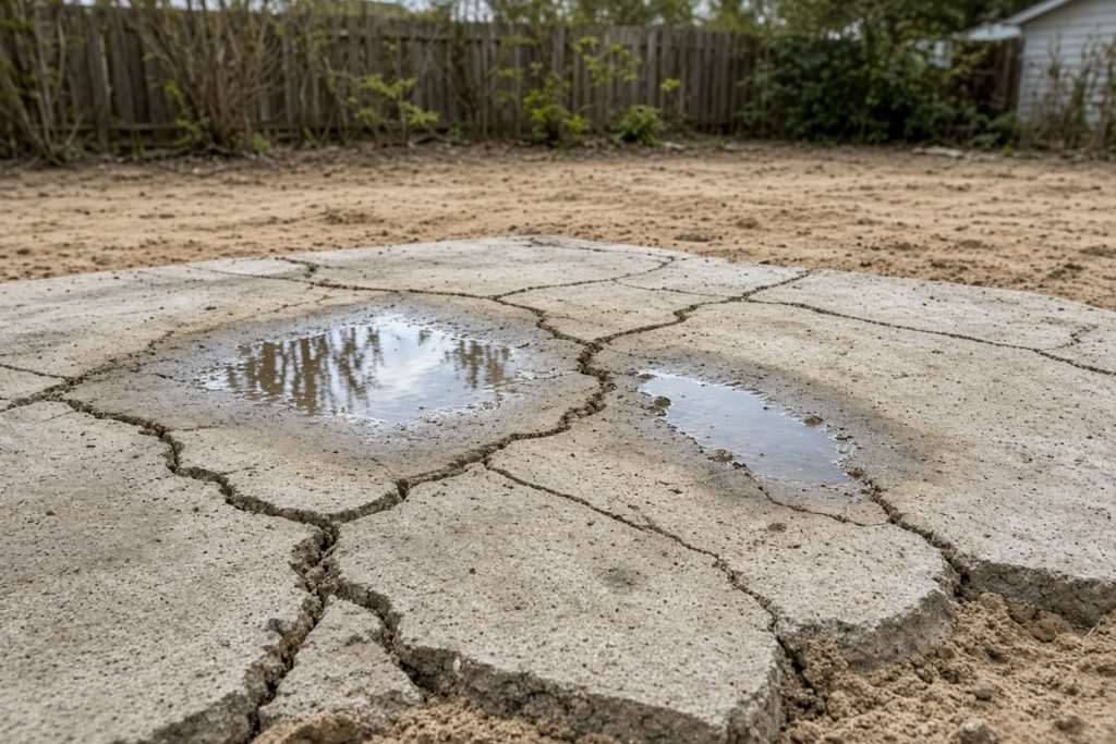 Cracked patio slab holding puddles on a sandy backyard lot — Concrete Removal in Porter