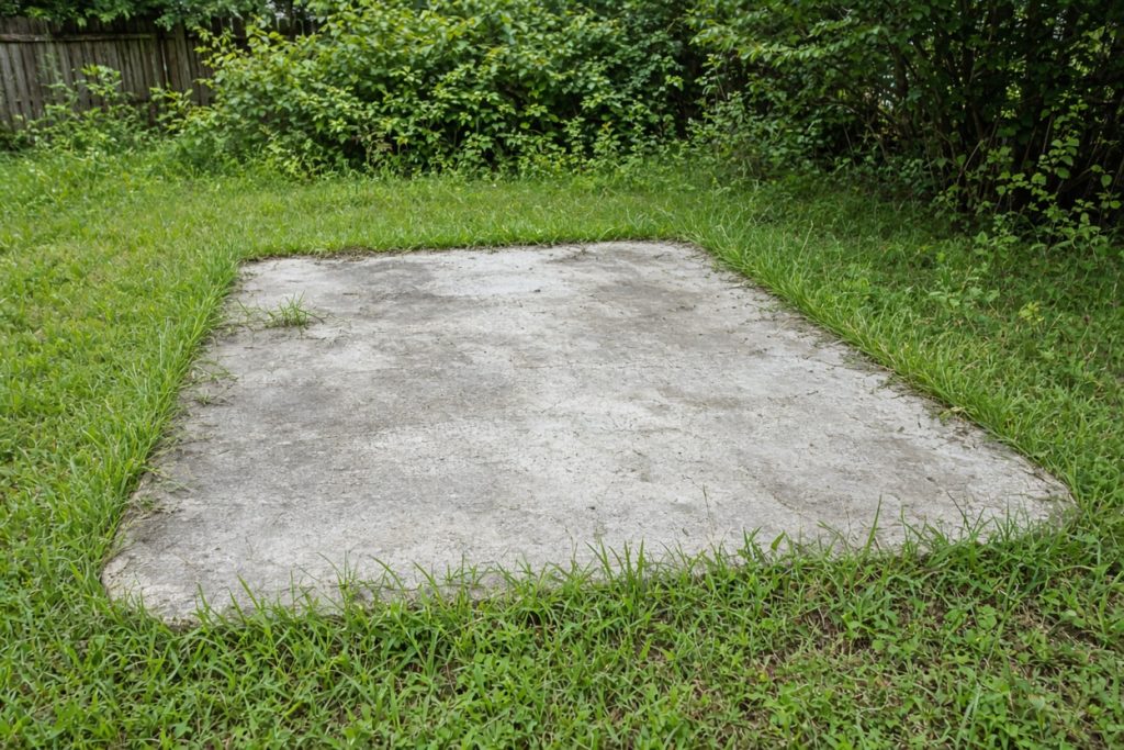 Unused backyard pad with grass grown over the edges — Concrete Removal in South Haven