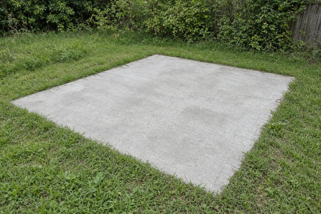 Unused backyard pad with grass grown over the edges — Concrete Removal in South Haven