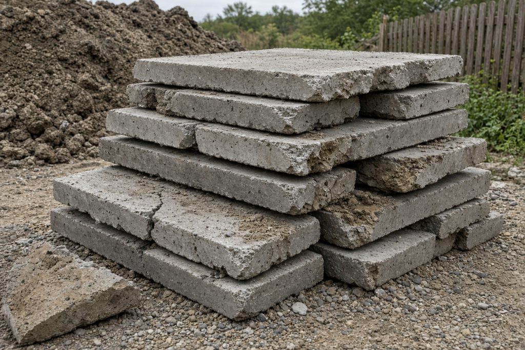 Broken leftover shed pad stacked for haul-off in a yard — Concrete Removal in South Haven