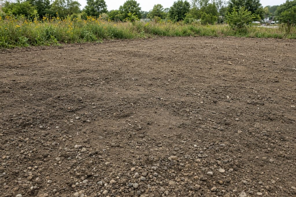 Bare soil where an unused pad was taken out, ready for seed — Concrete Removal in South Haven