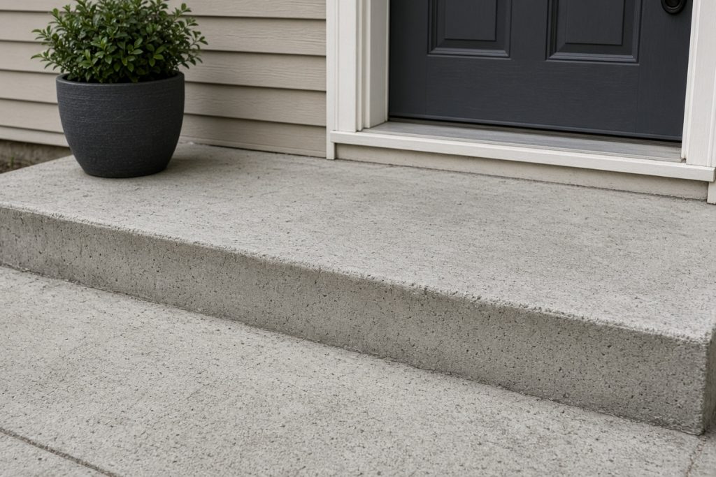 Settled concrete walk with a raised lip at a front door threshold — Concrete Replacement in Chesterton