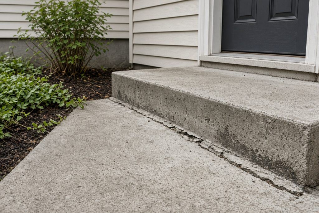 Settled concrete walk with a raised lip at a front door threshold — Concrete Replacement in Chesterton