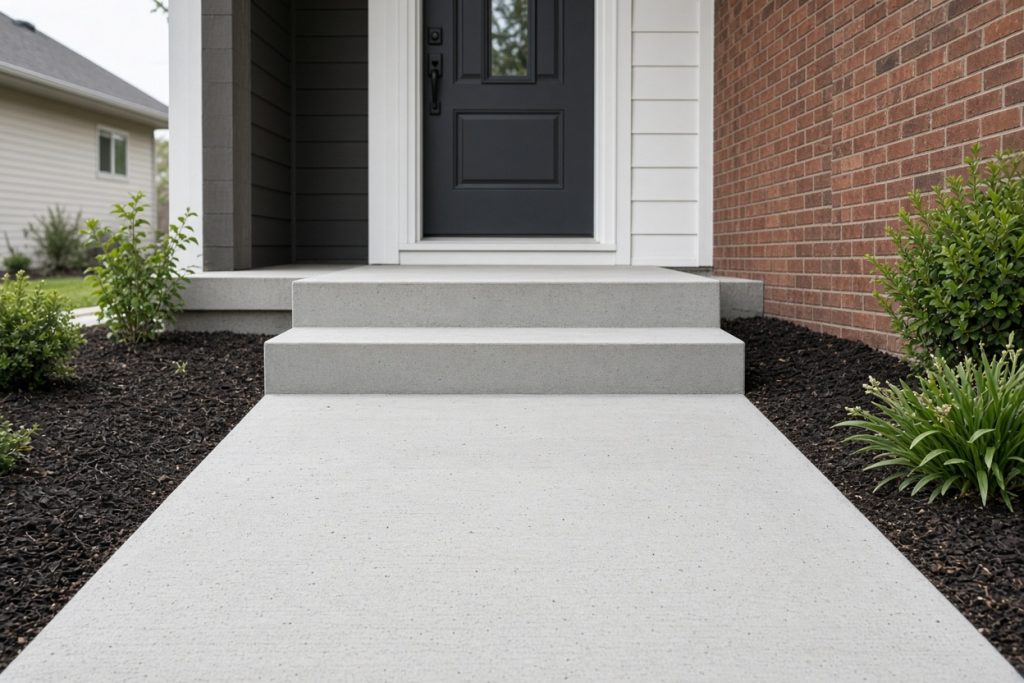 Newly poured front walk and stoop meeting a doorway — Concrete Replacement in Chesterton