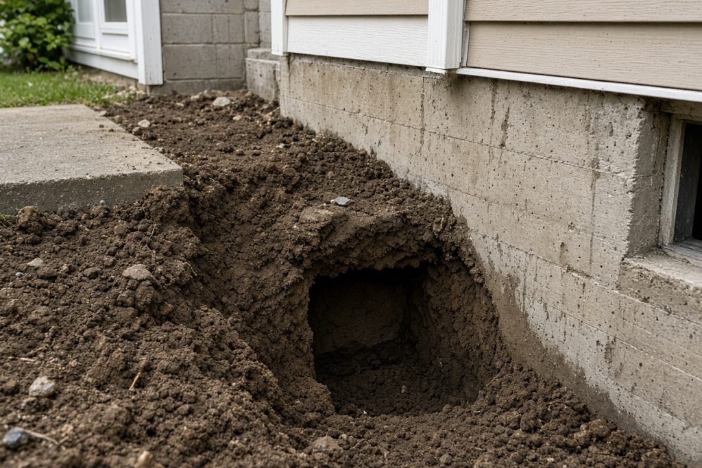 Old stoop removed, void visible in dirt against a house foundation — Concrete Replacement in Chesterton