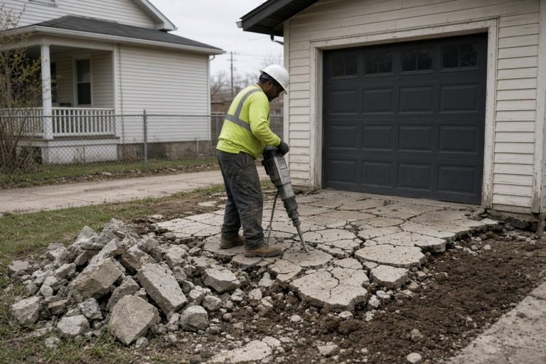 Crew lifting broken driveway slabs beside a garage — Concrete Replacement Companies in East Chicago
