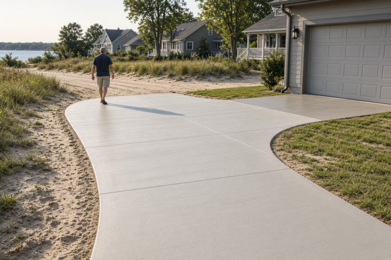 Finished concrete driveway on sandy lakeshore ground — Concrete Replacement Companies in Gary