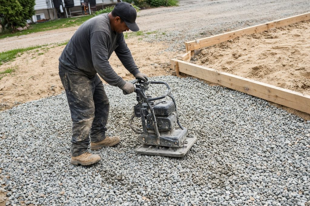 Crew compacting crushed stone on a sandy driveway base — Concrete Replacement Companies in Gary